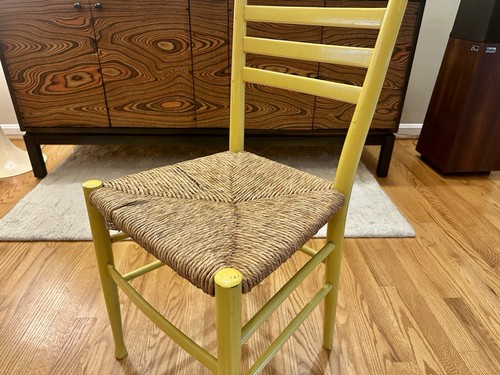 Vintage Italian Gio Ponti Style Yellow Ladderback Chair, 1960s Rush Seat - Picture 2 of 8