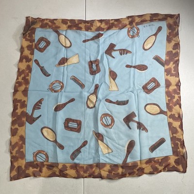 Vintage Echo 100% Silk Square Scarf w/ Hair Grooming Items Combs Brushes Pattern