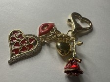 Red Rose  Heart Charm Keychain / Purse Charm   Gold Tone