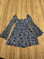 Boho Princess - Bell Sleeve - Blue And Black With Velvet Flowers Dress Short - L