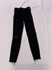 Spanx Pull On Jeans Distressed Frayed Edge Holes Black Size XS Back Pockets
