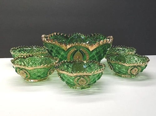 6pc Antique Northwood Memphis Emerald Green Glass Berry Bowl Serving Set Stamped - Picture 6 of 24