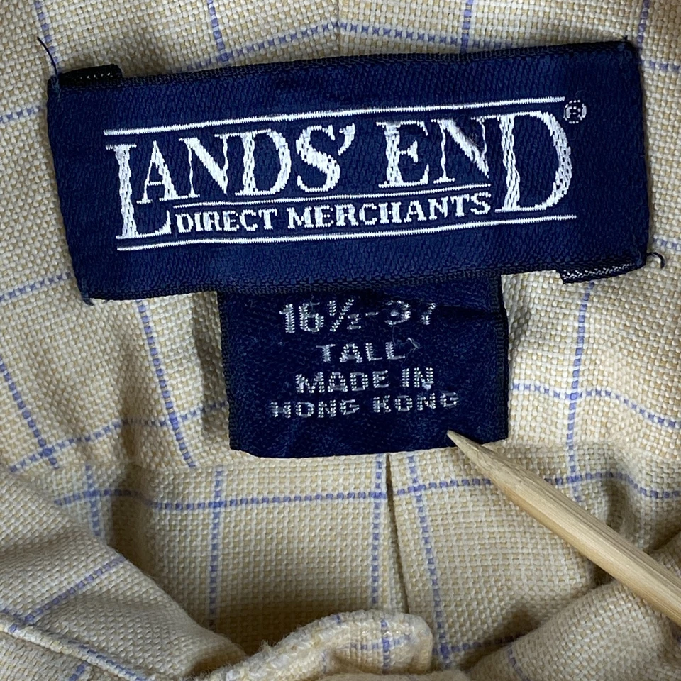 Lands End Dress Shirt Men 16.5 Tall Yellow Window Pane Plaid All Cotton - Image 4 of 4