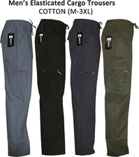 Men's 100% Cotton Elasticated Cargo Combat Cotton Casual  Trousers Pants M-3XL