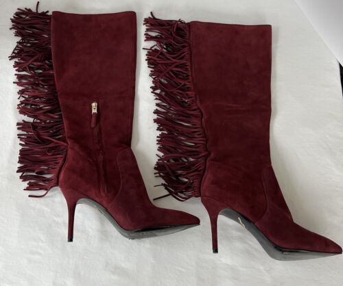 Auth. Brian Atwood Wine Red Suede Fringed Knee High Stiletto Heel Boots 10 - Afbeelding 1 van 16