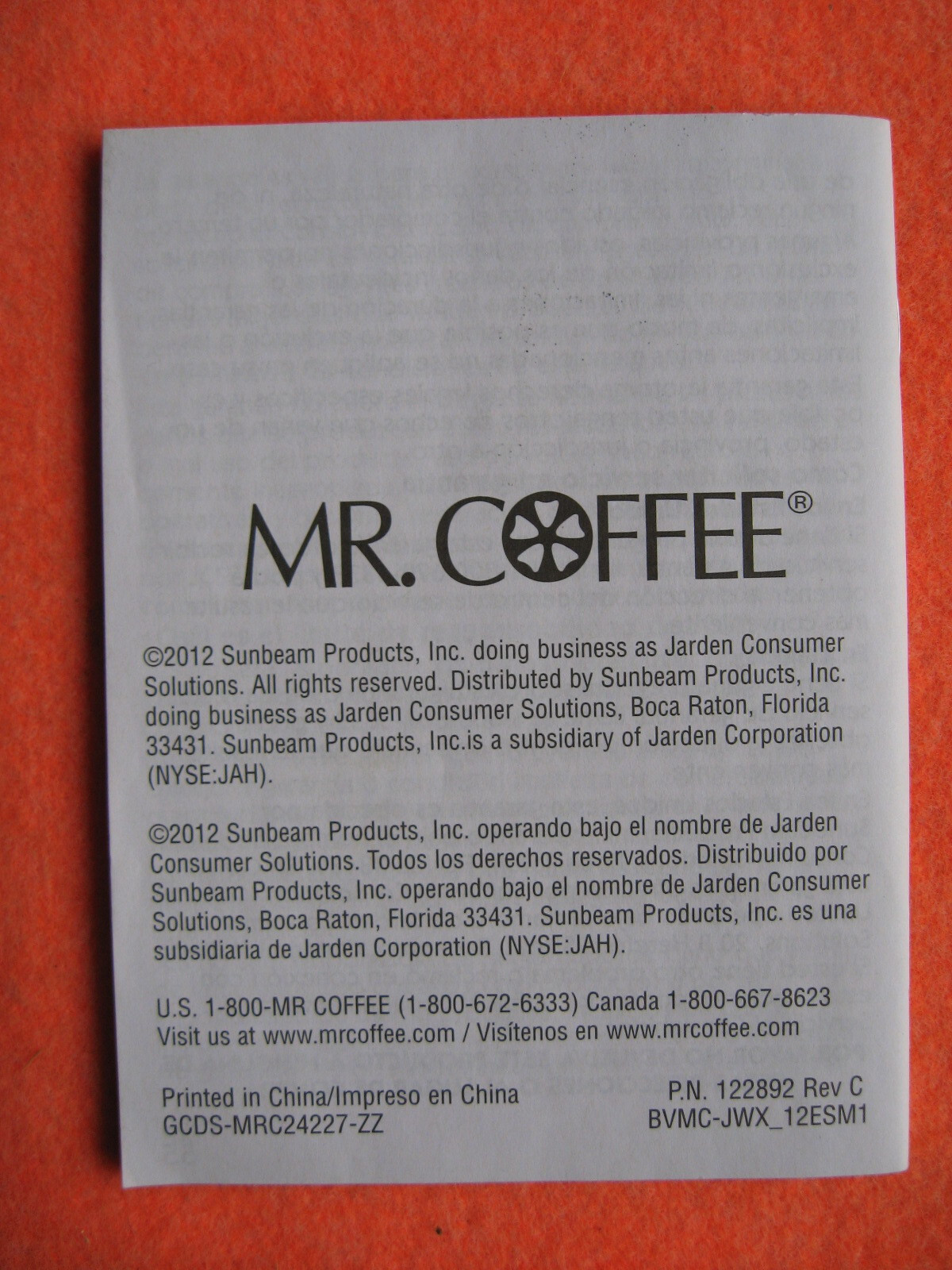 Mr. Coffee Owners Manual & User Guide Coffeemaker JW Series ENGLISH