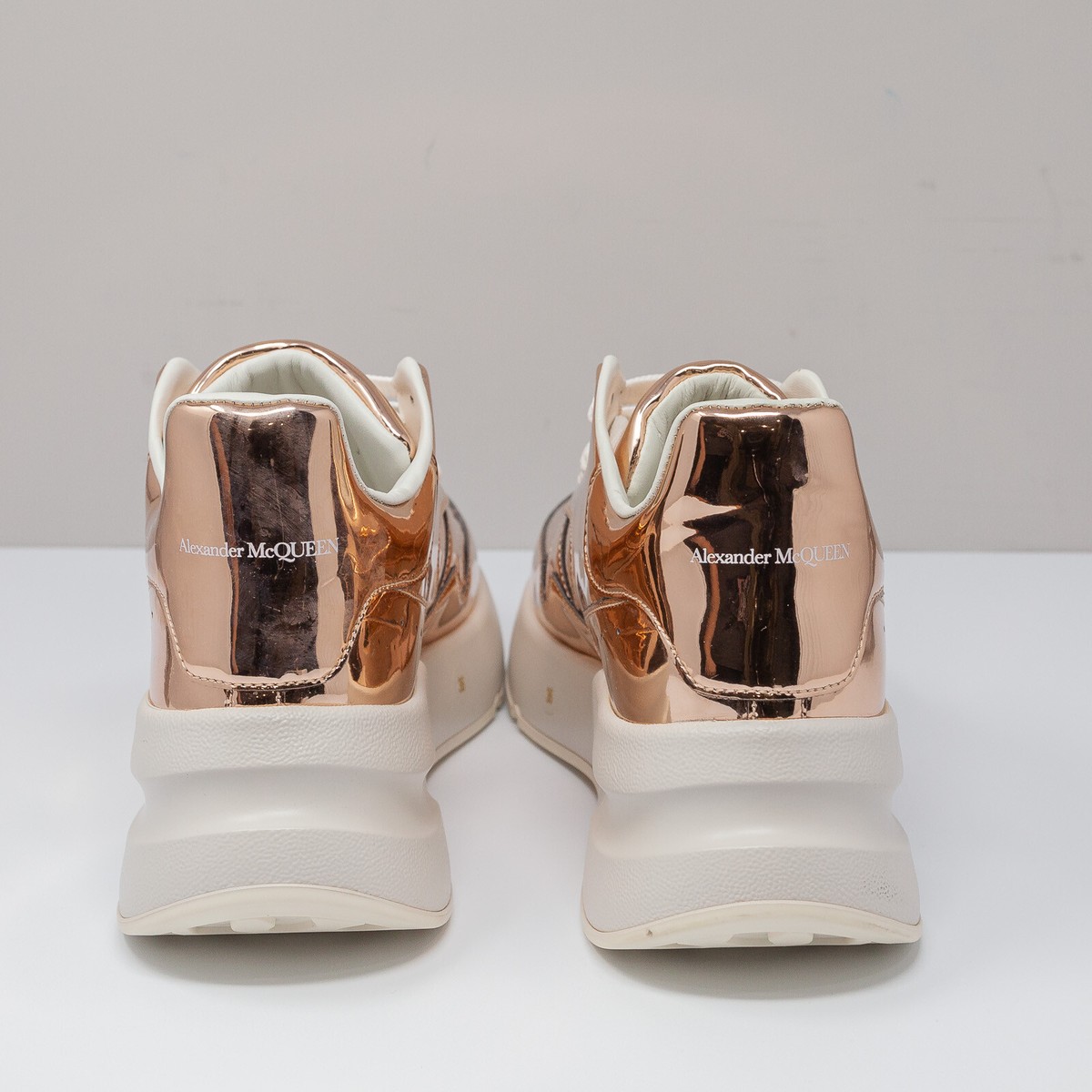 【ALEXANDER MCQUEEN】Oversole Sneakers Rose Gold Tab Alexander McQueen Rose Gold/White Sneakers Drop | Hypebae