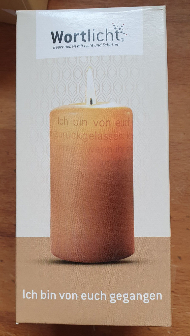 Wortlicht Stumpenkerze "Ich bin von euch gegangen" Höhe 14cm Orangebraun Trauer