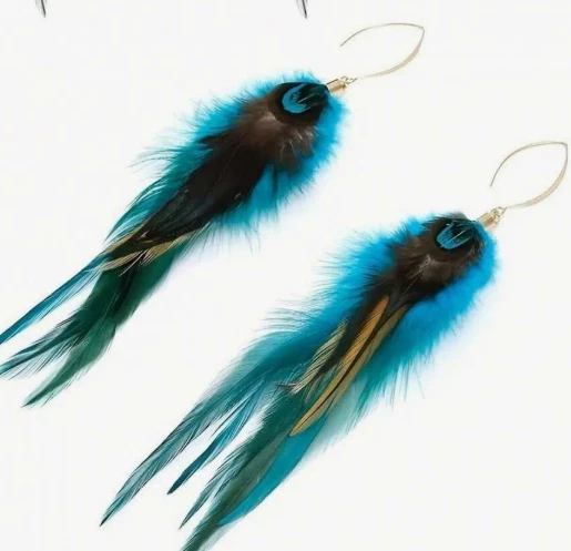 Natural Feather Earrings Bohemian Boho Native Style Blue Brown Southwestern NEW - Image 3 of 4