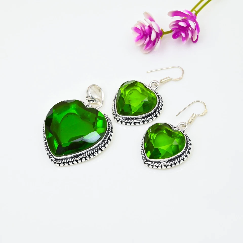 Peridot Gemstone Handmade 925 Silver Pendant & Earring Jewelry Set Wadding Gifts - Image 3 of 4