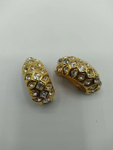 Orecchini Vintage Christian Dior Placcati Oro Semi Cerchio Cristallo Strass Clip On