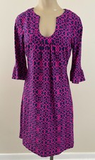 JUDE CONNALLY NANCY Sz Small Navy Magenta Print Bell Sleeve U-Neck Stretch Dress