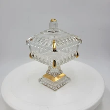 Vintage Jeannette Clear Glass Covered Pedestal Candy Dish 6" with Gold Trim USA