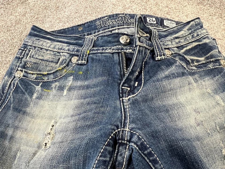 Miss Me Bermuda Shorts Womens 26 Blue JP5091BM Peace Sign Rhinestone Distressed - Image 2 of 4