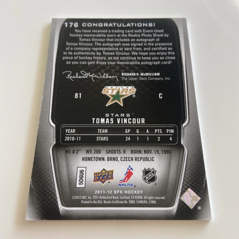 NHL Card-Tomáš Vincour-Autographed Rookie Jersey-SPx 2011-12-Dallas - Bild 2 von 2