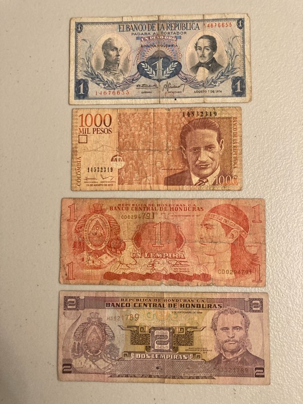 COLOMBIA / HONDURAS Banknote Lot- 4 Circulated Bills - pesos lempiras Bogota
