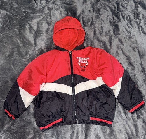 Vtg 90s Chicago Bulls Mighty Mac Puffer Jacket Kids Youth NBA Windbreaker Red