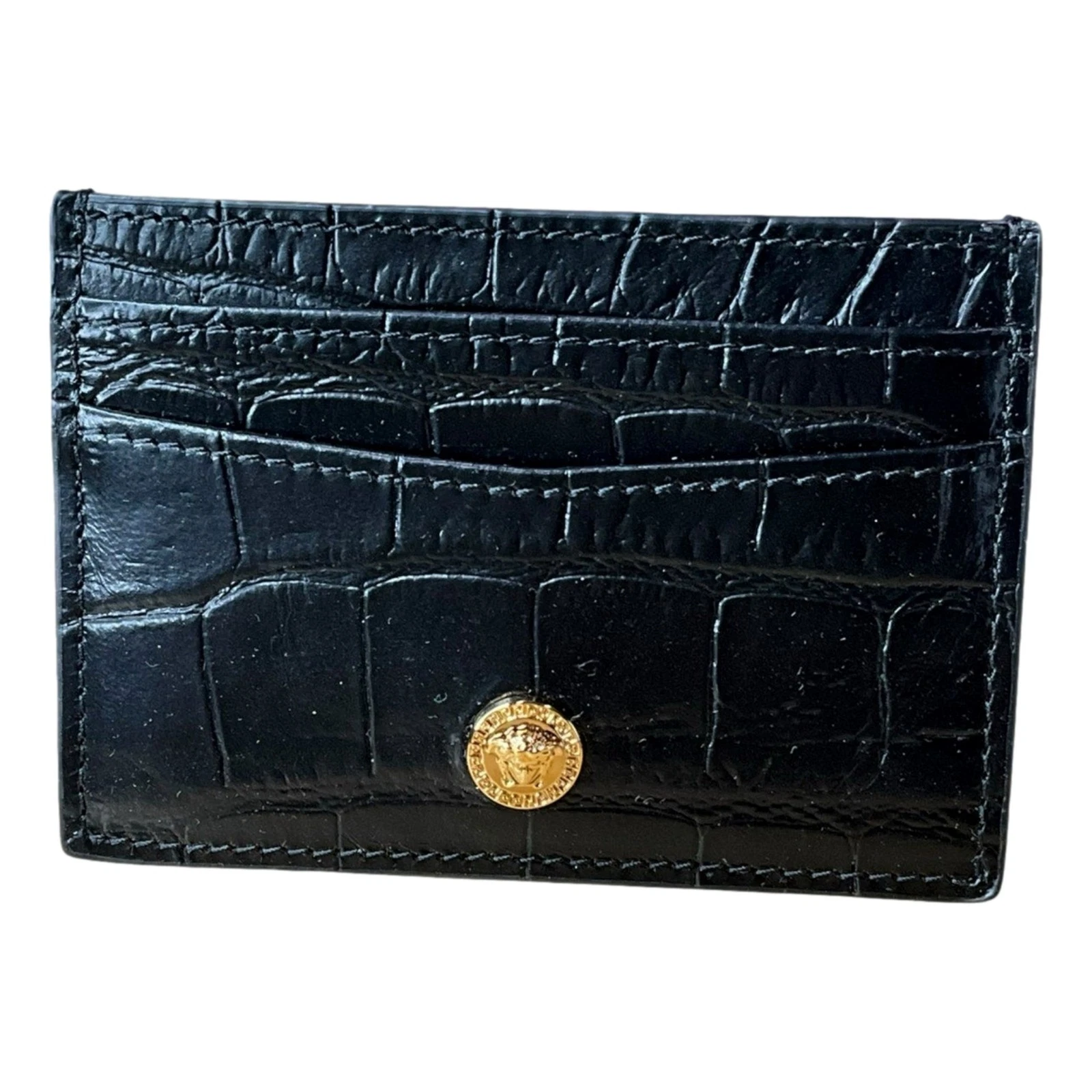 Versace — Versace La Medusa Black Crocodile Embossed Leather Card Holder Wallet New