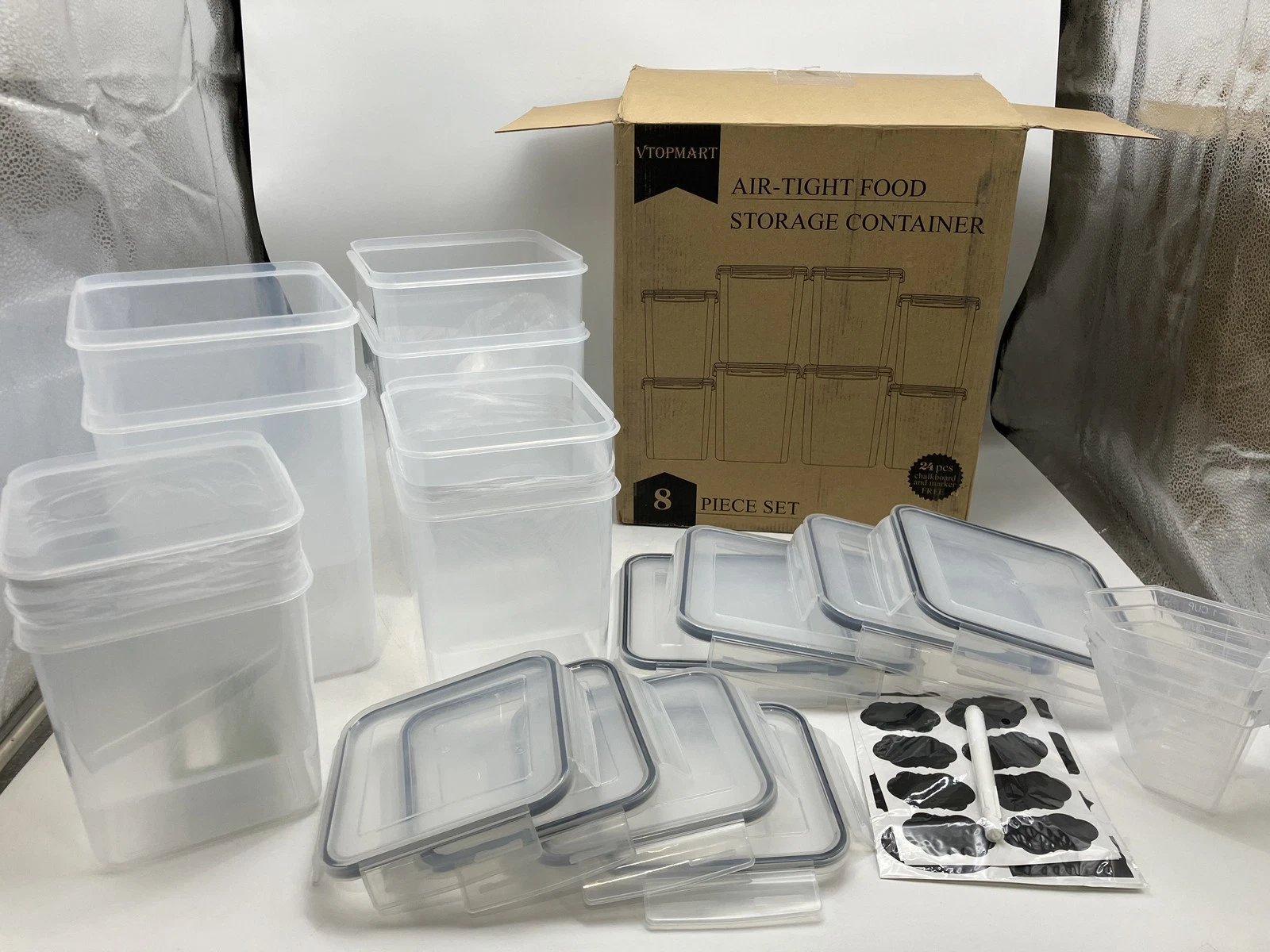 VTOPMART PLASTIC AIRTIGHT FOOD STORAGE CONTAINERS WITH LIDS, 8PC- CLEAR/BLACK