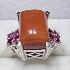 Sterling Silver Cocktail Ring Rectangle Brown Stone with Pink Accent Stones