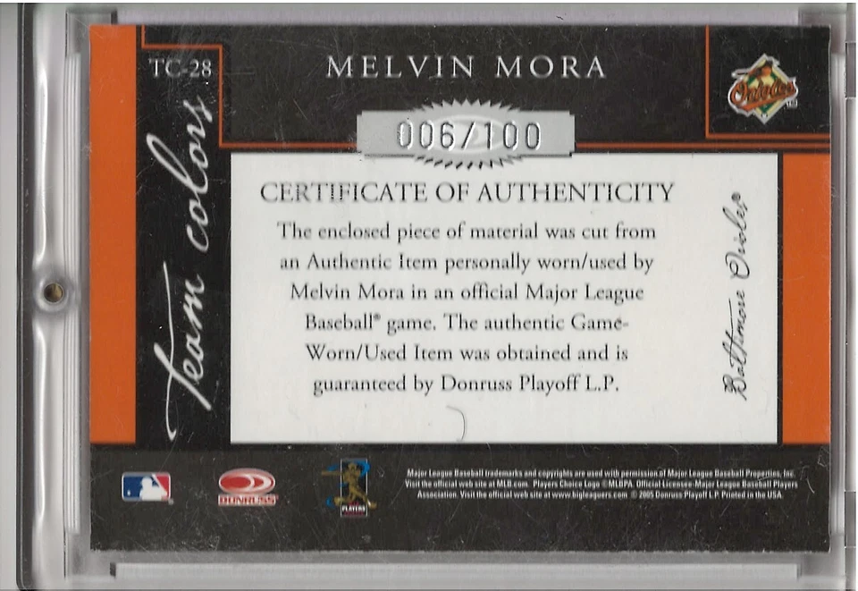 MELVIN MORA BALTIMORE ORIOLES 2005 DONRUSS 经典团队颜色球棒卡 6/100 — 第 2/2 张图片