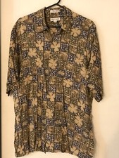 L Men's PIERRE CARDIN Beige Tribal Floral Fish Rayon Hawaiian Shirt NEVER WORN