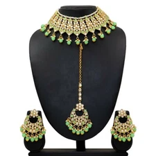 Indian Bollywood Kundan Necklace Set With Gold Tone Pearl Polki Earrings & Tika