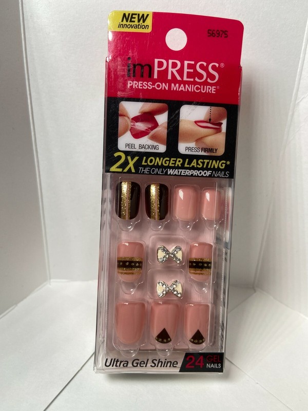 LOT of 5  Impress Manicure Press on Nails Short Pink, w/black & Gold