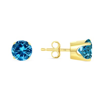 2.25 Ct Round Blue Created Diamond Earrings Stud Real 14K Yellow Gold Crown Push
