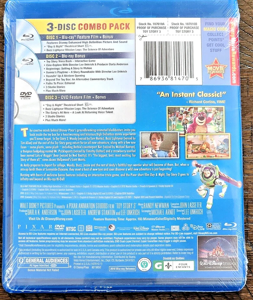 NEW DISNEY PIXAR TOY STORY 3-DISC BLU-RAY + DVD COMBO PACK - SEALED - Image 3 of 4