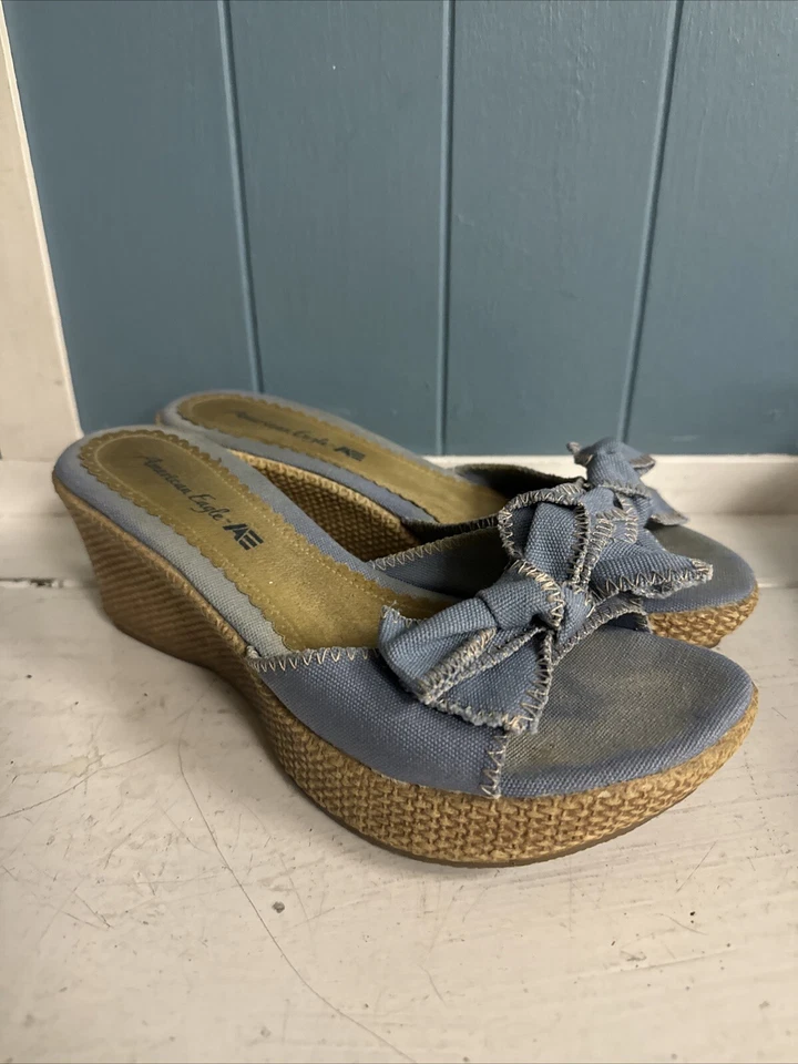 Vtg American Eagle Women's Sz 8 Blue Denim Jean Fabric Slip On Wedge Sandals - Image 4 of 4
