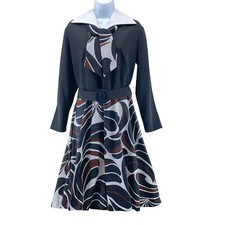 Vintage Toni Todd Dress Large Black Brown Swirl Belted A-Line 60s 70s Career