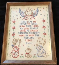 Hand Stitched Childs Prayer Framed Wall Decor Angel Nursery Baby Blessing Vtg