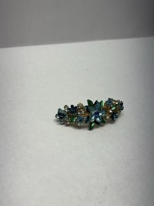 Vintage Gold Tone Hair Barret With Intricate Blue Enamel Flowers An Rhinestones