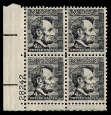 US Scott # 1282, Abraham Lincoln, Plate Block of (4) 1965 4¢ Stamps, MNH