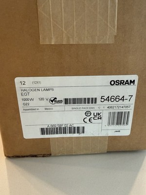 12 Pack OSRAM 1000W 120V HALOGEN LAMP, EGT G22 54664-7 New in Box
