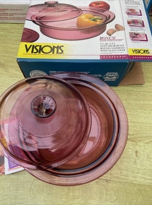 VINTAGE NEU CORNING VISIONS PYREX CRANBERRY GLAS KASSEROLLE + DECKEL 1,5 L/Qt *