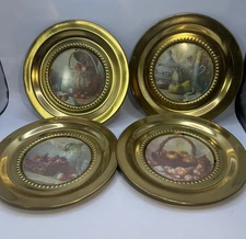 4 Primitive Rustic Henk Bos Prints Round Brass Framed Wall Art England Vintage