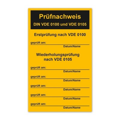 Prüfnachweis Aufkleber gelb 130x80mm für DIN VDE 0100 0105 Elektroprüfung LTD028