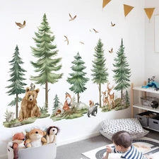 Mountain Tree Wall Stickers Large Pine Tree Forest Animals Bear Deer Peel and St