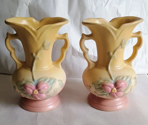 Hull Pottery USA Matching Pair Floral Vases Vintage Collectible Faint Crazing