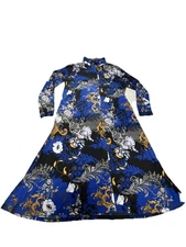 Boho Baroque Floral Maxi Dress Button Front Long Sleeve Stretch Knit XL Renee