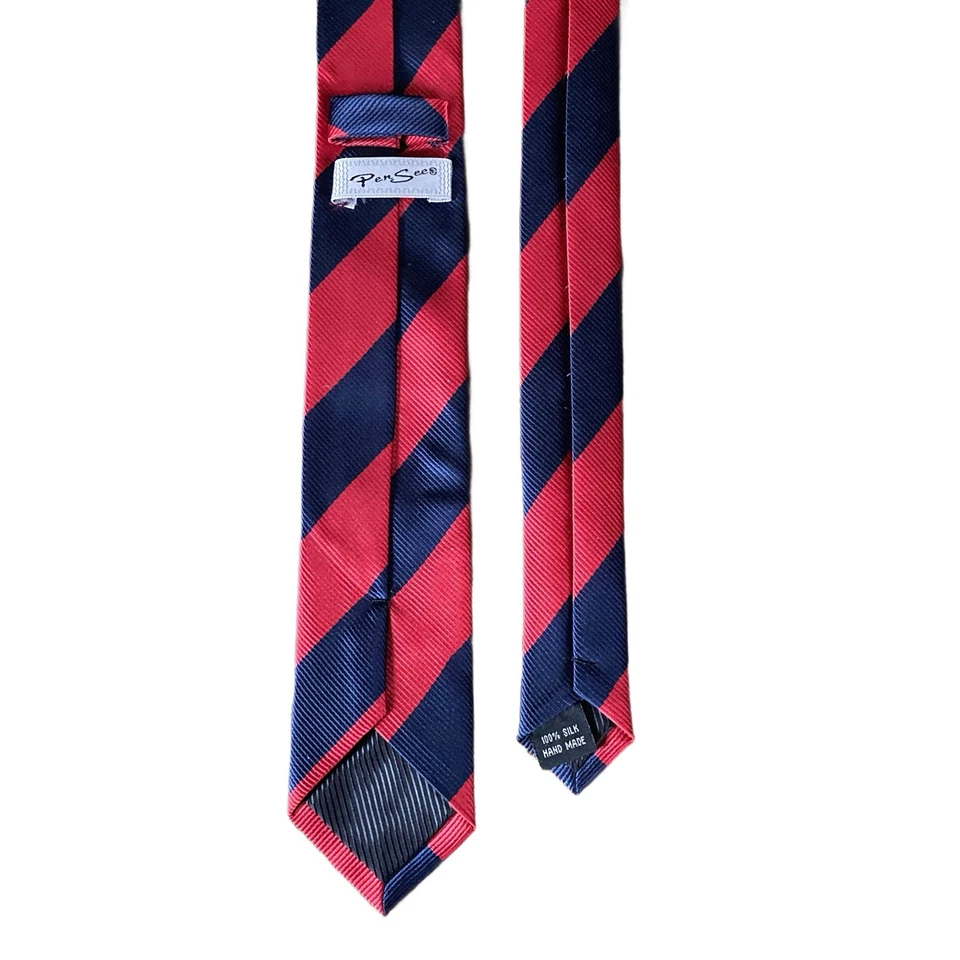 "Corbata de seda PenSee azul marino y rojo a rayas ajustada Repp 57"" L 2 1/2"" con hecha a mano" Foto 2 de 4