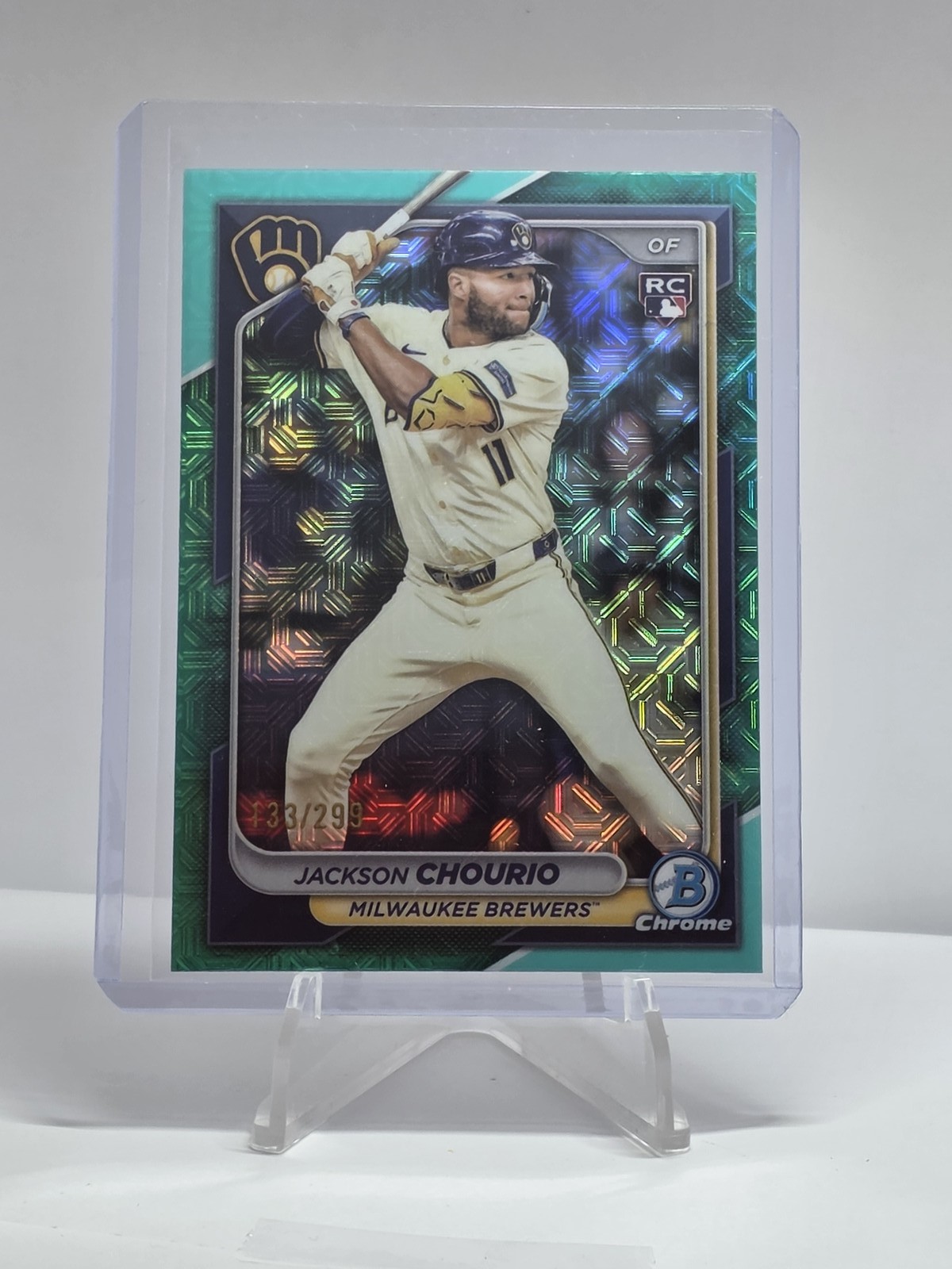 2024 Bowman Chrome - Jackson Chourio #69 Aqua Mojo Refractor /299 (RC)