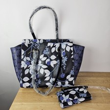 Womens New Floral DD Logo Print Tote Bag with 2 Wallets Blue Black Leather