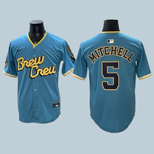 Men's Brewers 5 Garrett Mitchell Light Blue Cool Base Jersey All Stitched
