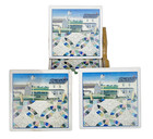 4 Coaster Set Farmhouse Wedding Ring Quilt Cork Backed Ceramic Stoneware Oak