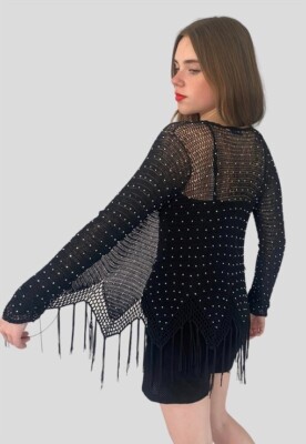 Vintage 80er/90er schwarz gehäkelt transparent Fransen silber Diamanten Perlen Strickjacke