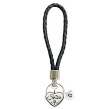 Custom Sisters Silver Heart Black Leather Key Chain Middle Little Big Initial