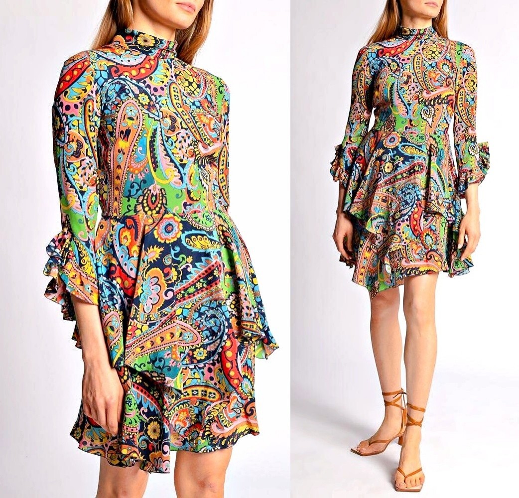 ETRO★Paisley Print Tie Neck Ruffle Asymmetrical Hem Dress ETRO Paisley Print Tie Neck Ruffle Asymmetrical Hem Silk